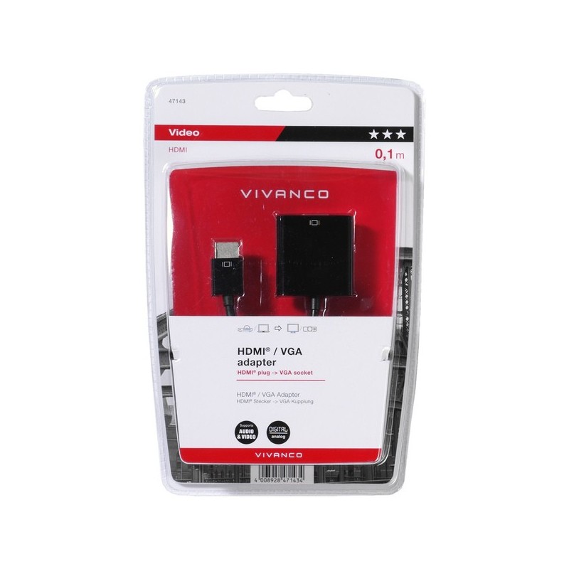 Vivanco 47/80 04 0,1 m HDMI tipo A (Estándar) VGA (D-Sub) Negro