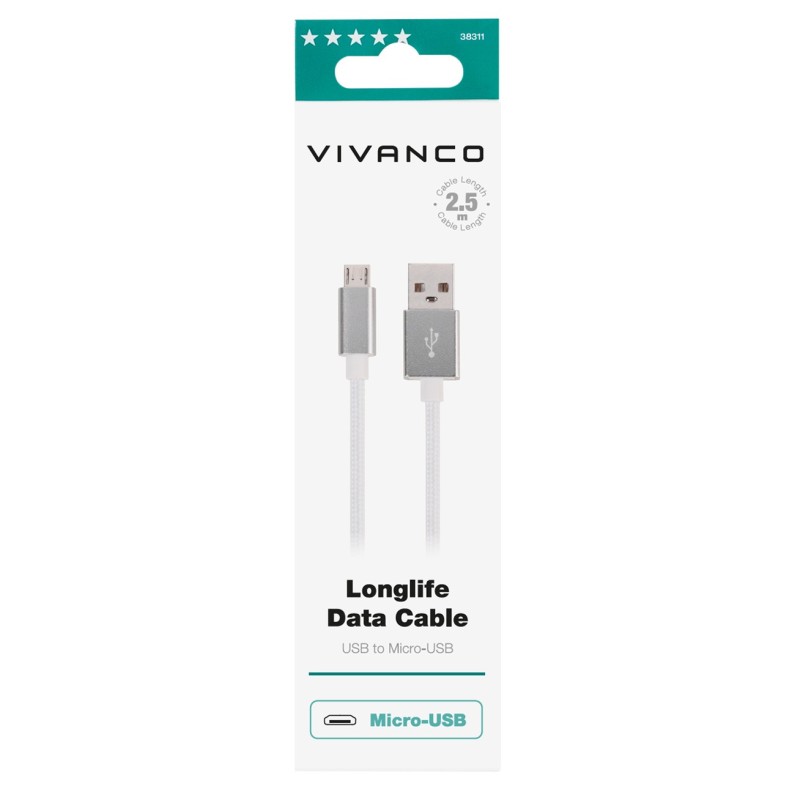 Vivanco HQDCVVMCUSB25SI cable USB 2,5 m USB 2.0 USB A Micro-USB B Gris, Blanco