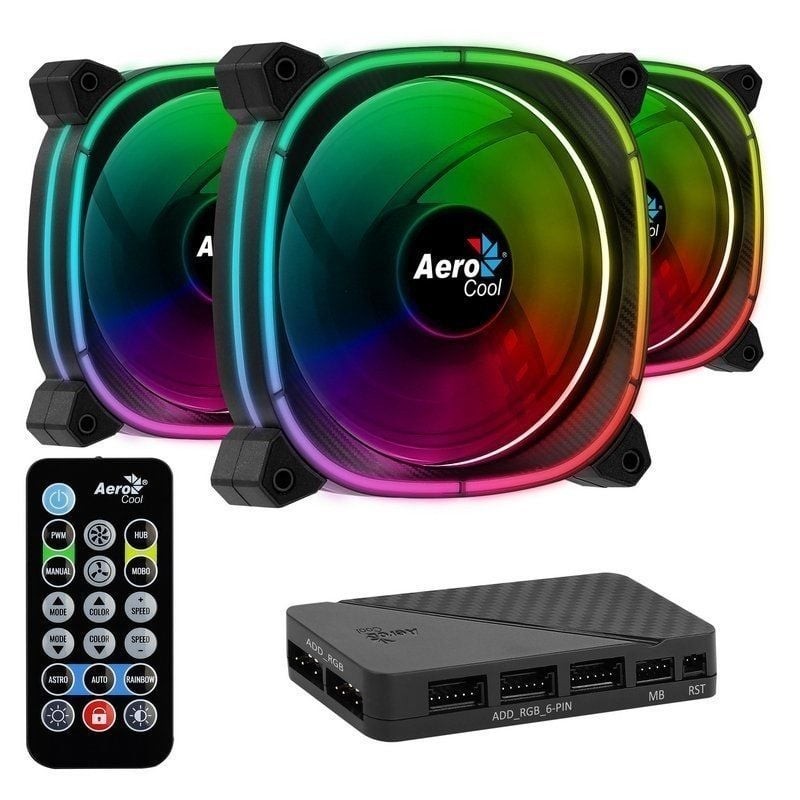 Pack 3 Ventiladores Aerocool Astro 12 Pro 12cm + H66F HUB + Mando a Distancia