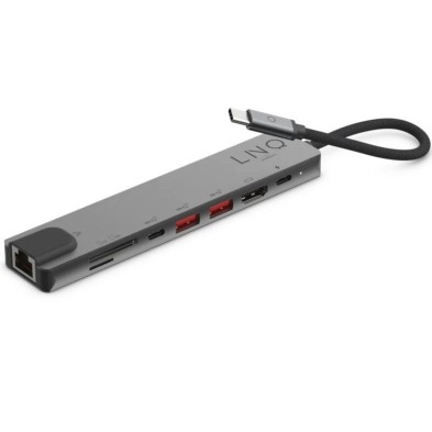 Docking USB Tipo-C Linq LQ48010 1xUSB Tipo-C 2xUSB 1xHDMI 4K 1xRJ45 1xLector Tarjetas SD y Micro 1xUSB Tipo-C PD Gris