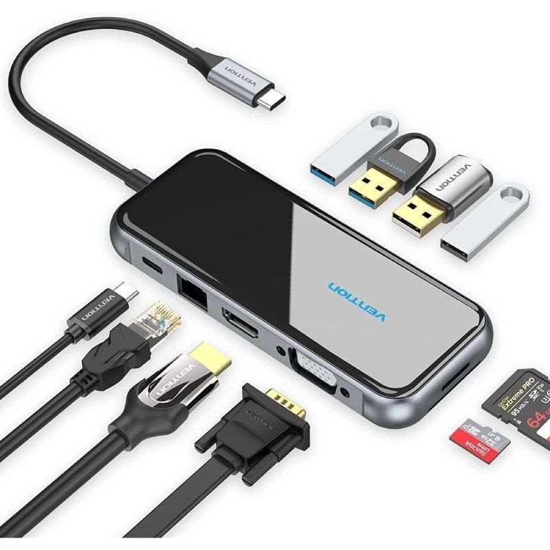 Docking USB Tipo-C Vention TFGHB 1xVGA 1xHDMI 4xUSB 1xUSB Tipo-C PD 1xRJ45 1xLector Tarjetas SD Gris