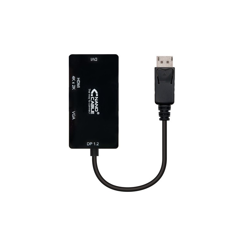 Nanocable Conversor Displayport a VGA / HDMI, 3 en 1, DP 1.2/M-VGA/H-HDMI/H 4K, Negro, 15 cm