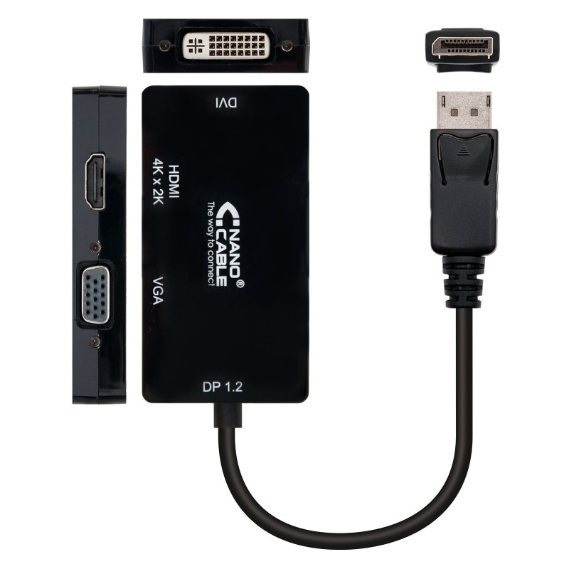 Nanocable Conversor Displayport a VGA / HDMI, 3 en 1, DP 1.2/M-VGA/H-HDMI/H 4K, Negro, 15 cm