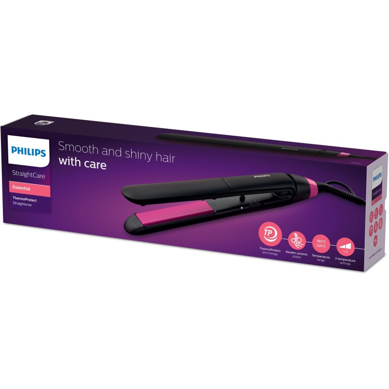 Philips StraightCare Essential BHS375/00 Utensilio de peinado Cepillo alisador Caliente Negro, Rosa