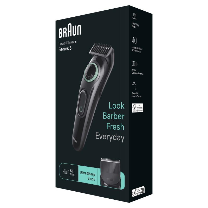 Braun BeardTrimmer 3 BT3411 Batería 40 2 cm Negro, Verde