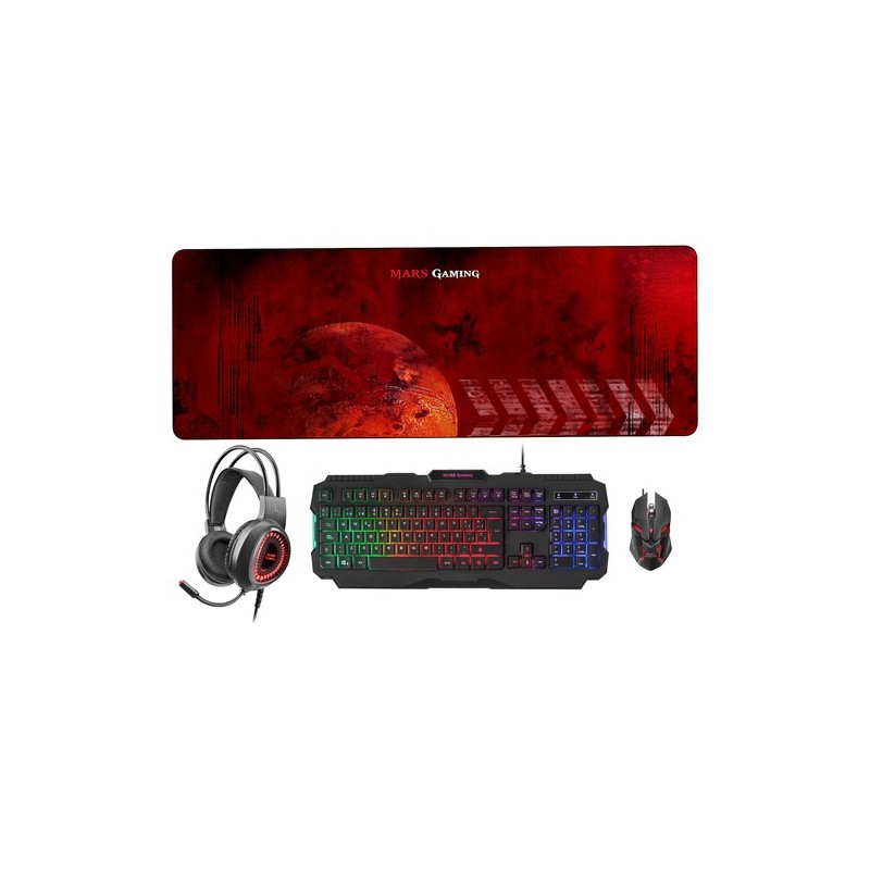 Mars Gaming MCPRGB2ES Combo Gaming Teclado Ratón Alfombrilla XXL y Cascos Idioma Español