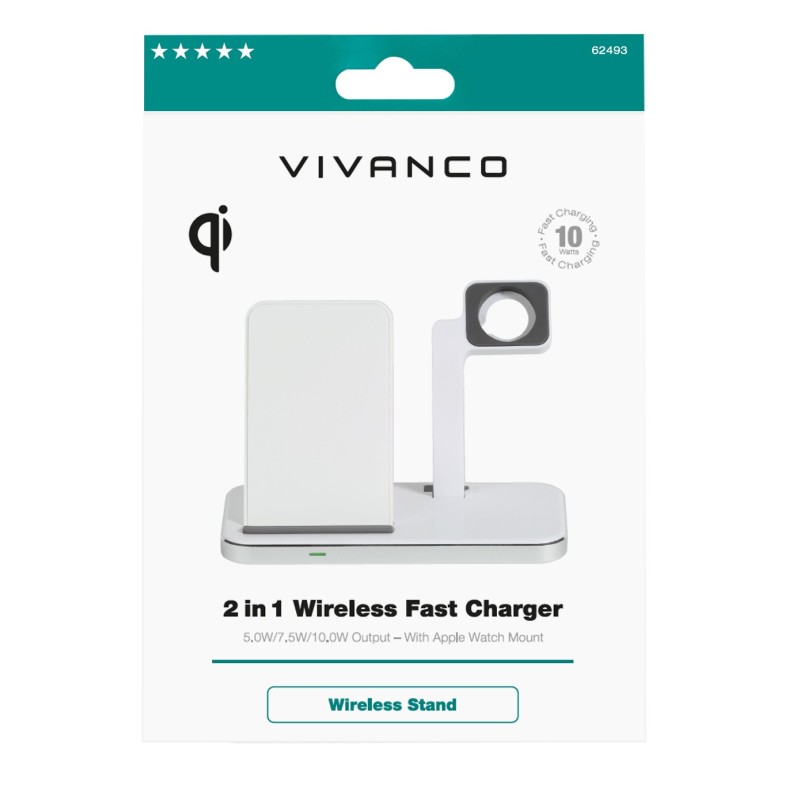 Vivanco 2 in 1 Wireless Fast Charger Smartphone, Reloj inteligente Blanco USB Carga rápida Interior