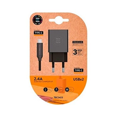 CARGADOR DOBLE CABLE USB-C TECH ONE TECH NEGRO 1M