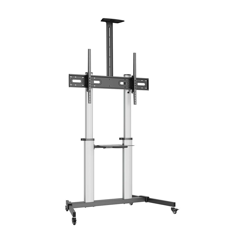 Soporte TV AISENS de suelo PRO con ruedas, bandeja para DVD y soporte de cámara para Monitor/TV 100Kg de 60-100, Negro-Plata