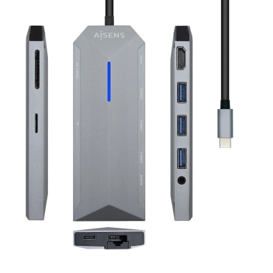 Dock 9 en 1 AISENS USB-C , USB-C a 1x HDMI, 1xRJ45, 3x USB, 1x PD, 1x Audio, 1x SD, 1x Micro SD, Gris, 15 cm