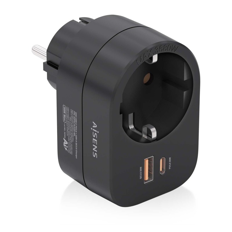 Regleta Aisens De Pared Multifuncion Con 1 Toma + 1Xusb-C 20W Pd3.0 1Xusb-A 20W Qc3.0 Negro