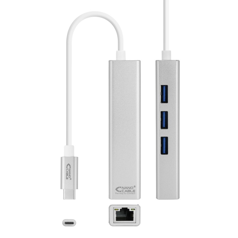 Conversor Nanocable Usb-C A Ethernet Gigabit + 3Xusb 3.0 Plata 15 Cm