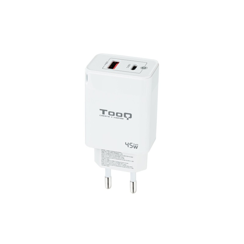 Cargador Tooq De Pared Gan Usb-C/Pd + Usb-A/Qc 45W Blanco