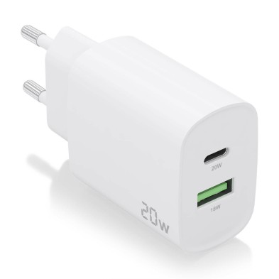 Cargador Aisens 20W, 1Xusb-C Pd3.0, 1Xusb-A Qc3.0, Blanco