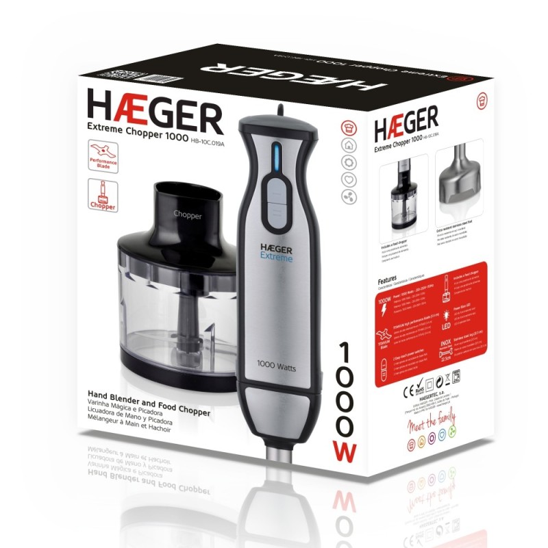 Haeger HB-10C.019A licuadora Batidora de inmersión 1000 W Negro, Acero inoxidable, Transparente