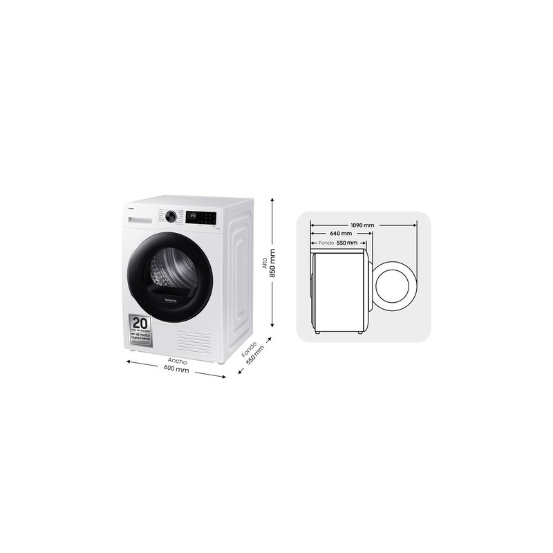 Samsung Secadora con Bomba de Calor 9Kg Blanca con OptimalDry™ Clase A+++ DV90CGC2A0AEEC