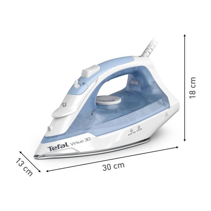Tefal Virtuo 30 FV2C41E0 plancha Plancha vapor-seco Suela de cerámica 2000 W Azul, Blanco