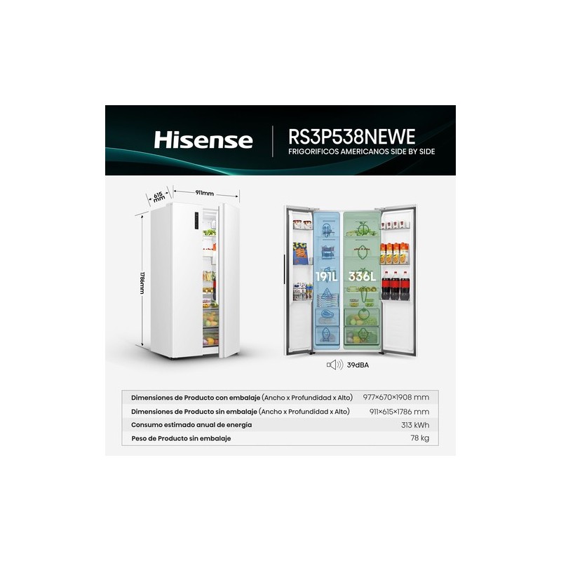 Hisense RS3P538NEWE nevera puerta lado a lado Integrado/Independiente 534 L E Blanco